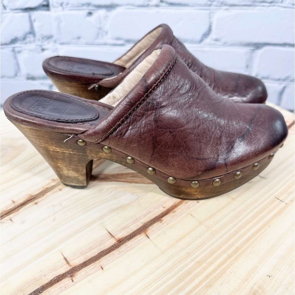 Frye Audra Heels Brown Leather Clog Mule Slip-On Women’s 7M Studded Y2k